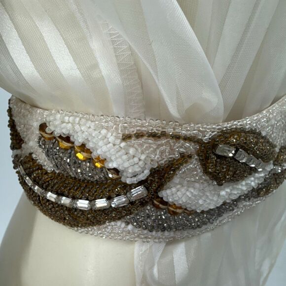 Vintage 1950s 1960s Hand Beaded Belt Ivory Brown Glass Seed Beads Small‎ main image 5